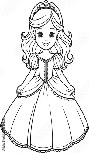 Beautiful princess line art in elegant ball gown and tiara, smiling royal character, charming girl illustration, standing pose