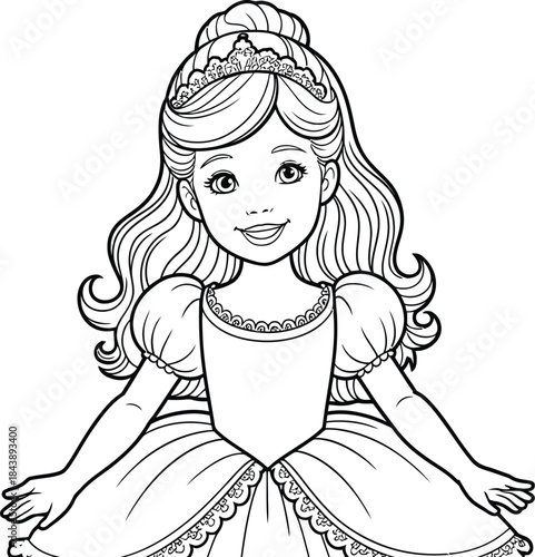 Smiling princess with crown and long hair wearing beautiful gown line drawing vector illustration for coloring books