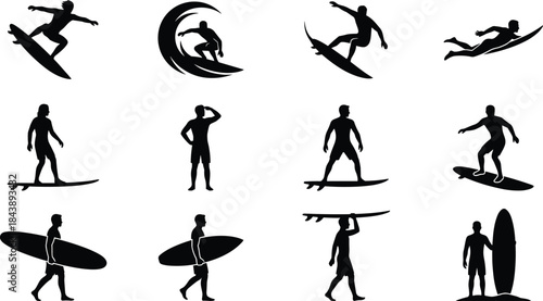 Male Surfer Silhouettes Set Riding Waves and Holding Surfboards for Summer Beach Sport and Water Extreme Activity Vector