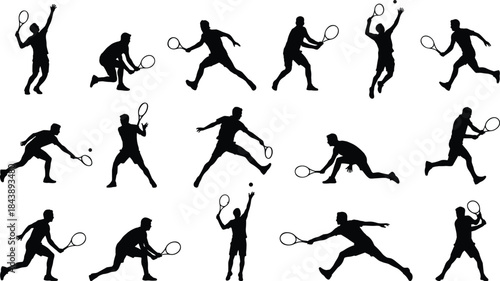Male Tennis Player Silhouettes Set Serving and Hitting Balls for Professional Sports, Competition, and Athletic Training Vector