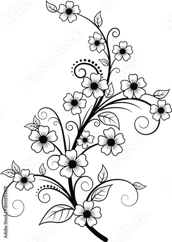 Elegant floral decorative element with swirling branches and delicate blossoms perfect for intricate designs and ornamental patterns on clear background