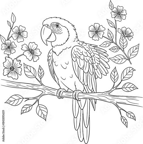A beautiful parrot perched on a branch with blooming flowers, intricate line art drawing for coloring book on white background