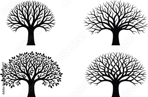 Set of black tree silhouettes, winter and summer nature vector collection, intricate branch and root design, isolated on white background.