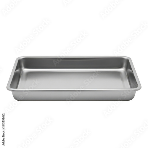 Rectangular stainless steel baking pan on a black background