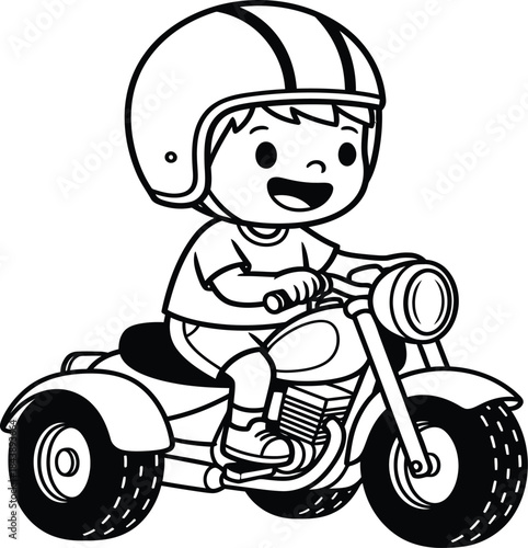 cartoon boy wearing helmet riding tricycle motorcycle outline vector illustration isolated on transparent background for coloring book or sticker design