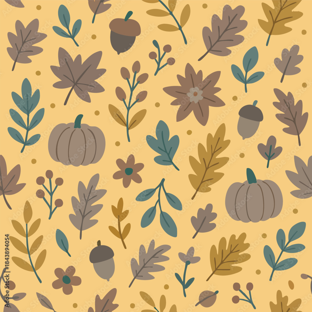 Fototapeta premium Fall Autumn Nature Leaf Thanksgiving Holiday Leaves October September Season Pumpkin Leaves Acorn Harvest Vector Print