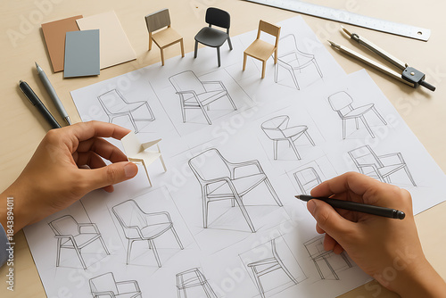 Product design concept with creative furniture sketches and miniature model chairs showing innovation in interior style development