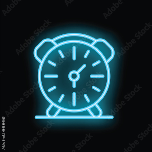 Blue neon clock showing time passing by on black background