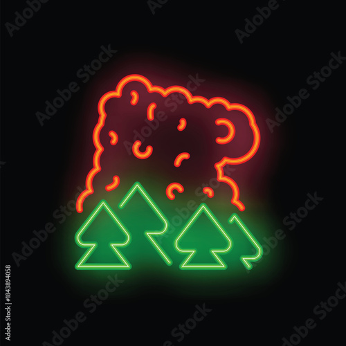 Neon sign of a forest fire burning with smoke cloud on a black background