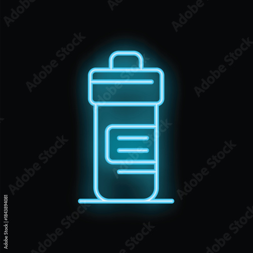 Blue neon sign depicting a medicine bottle with a label, glowing on a black background