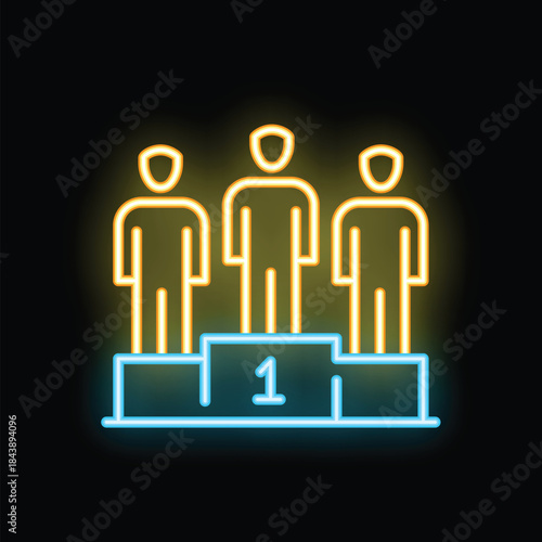 Three businessmen standing on a winners podium celebrating first place with neon light effect