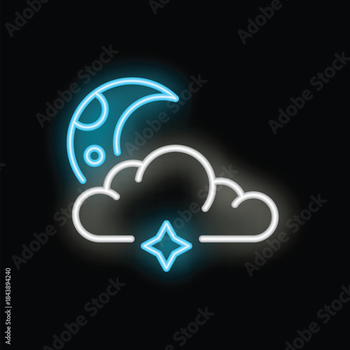 Neon sign of a crescent moon shining over a cloud and a bright star on a black background