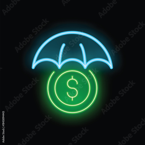 Neon umbrella is protecting a dollar coin on a black background