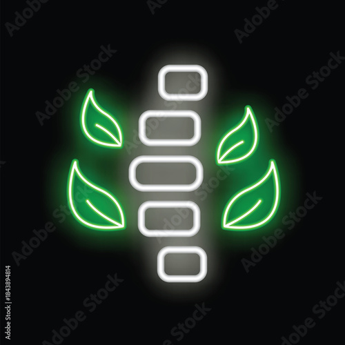 Neon sign of a white healthy spinal column surrounded by green leaves, representing natural medicine and back pain relief