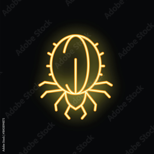 Bright yellow neon icon of a mite is glowing on a dark background