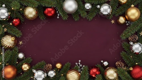 Christmas Decorations Arrangement with Ornaments and Pine Branches on Purple Background for Holiday Celebration