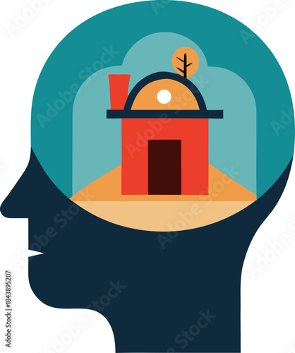 Flat design vector of a human head with a small, cozy shelter or home built inside the skull, preferring solitude, white background.