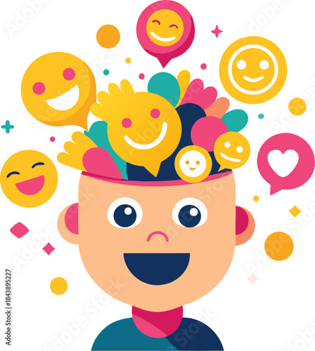 Flat vector illustration of a human head filled with bright, smiling emojis and cheerful symbols, optimism concept, yellow and pink, white background.