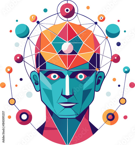 Geometric vector of a human head with abstract quantum sphere/dots inside, highly complex technology, unique colors, white background.