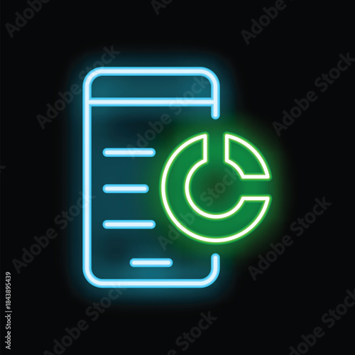 Neon glowing icon of a mobile phone showing updating software status