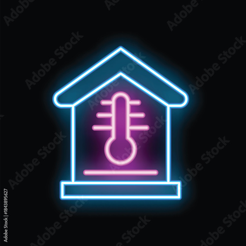 Neon house shape with a thermometer indicating room temperature, representing home climate control and smart home technologies