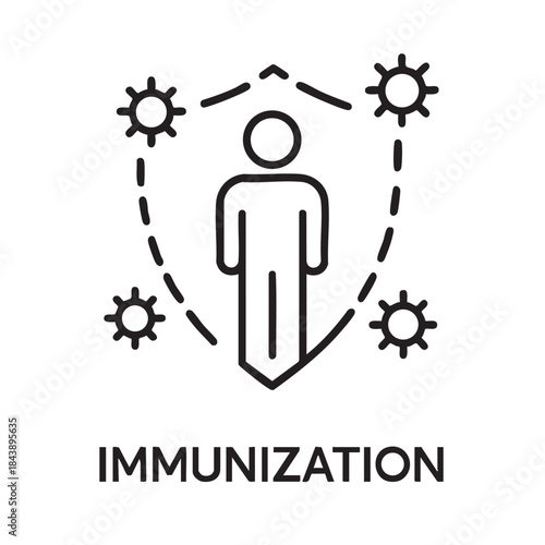 A simple line art illustration depicting a person protected by radiating gears and a shield symbolizing immunization