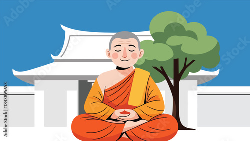 Modern flat vector illustration of a Buddhist monk meditating in lotus position, calm spiritual atmosphere, ideal for mindfulness, wellness, and spiritual education visuals