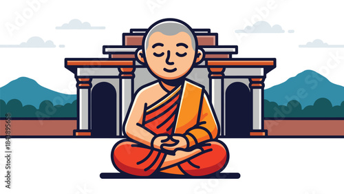 Modern flat vector illustration of a Buddhist monk meditating in lotus position, calm spiritual atmosphere, ideal for mindfulness, wellness, and spiritual education visuals