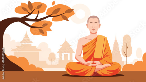 Modern flat vector illustration of a Buddhist monk meditating in lotus position, calm spiritual atmosphere, ideal for mindfulness, wellness, and spiritual education visuals