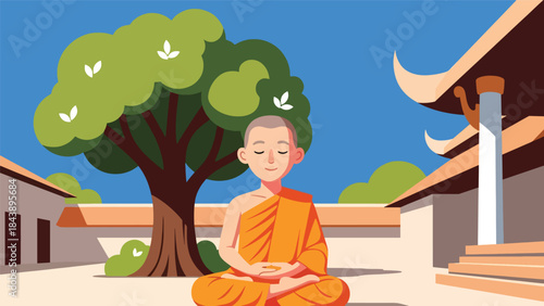 Modern flat vector illustration of a Buddhist monk meditating in lotus position, calm spiritual atmosphere, ideal for mindfulness, wellness, and spiritual education visuals