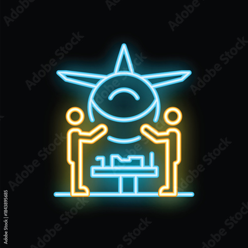 Neon sign depicting two travel agents discussing travel plans under airplane, a concept for travel agencies