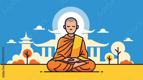 Modern flat vector illustration of a Buddhist monk meditating in lotus position, calm spiritual atmosphere, ideal for mindfulness, wellness, and spiritual education visuals