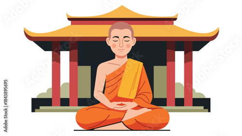 Modern flat vector illustration of a Buddhist monk meditating in lotus position, calm spiritual atmosphere, ideal for mindfulness, wellness, and spiritual education visuals