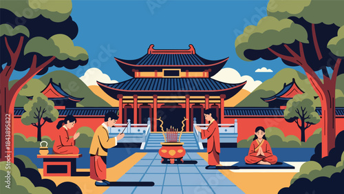 Modern flat vector illustration of people visiting a Buddhist temple, respectful and peaceful atmosphere, ideal for spiritual travel, culture, and religious education