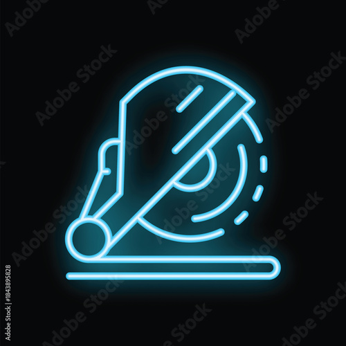 Blue neon icon of an angle grinder cutting through a piece of metal, glowing on a dark background