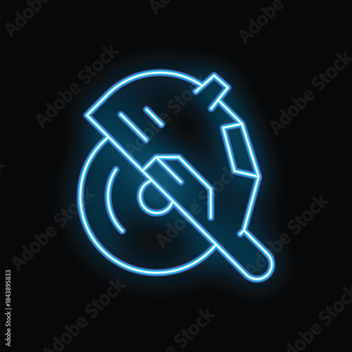 Blue neon icon of an angle grinder cutting through material with sparks flying