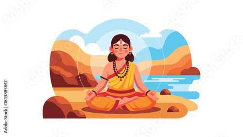 Flat vector illustration of a Hindu meditation practice with peaceful posture, spiritual balance theme, ideal for yoga, wellness, and religious lifestyle content