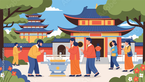 Modern flat vector illustration of people visiting a Buddhist temple, respectful and peaceful atmosphere, ideal for spiritual travel, culture, and religious education