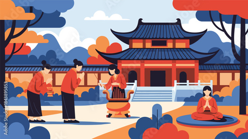 Modern flat vector illustration of people visiting a Buddhist temple, respectful and peaceful atmosphere, ideal for spiritual travel, culture, and religious education