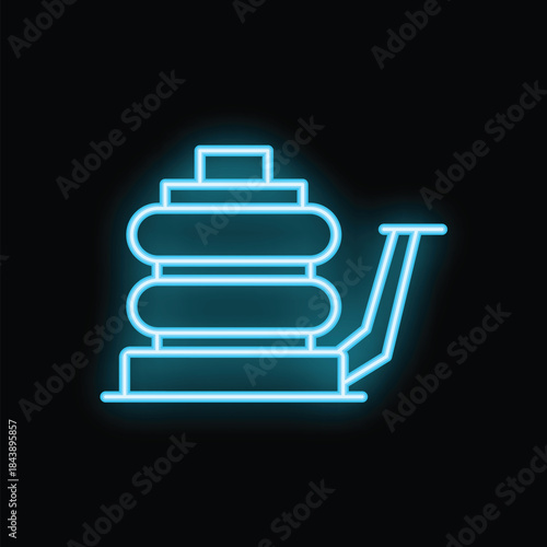 Blue glowing neon line hydraulic jack icon isolated on black background