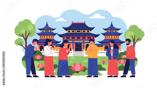 Modern flat vector illustration of people visiting a Buddhist temple, respectful and peaceful atmosphere, ideal for spiritual travel, culture, and religious education