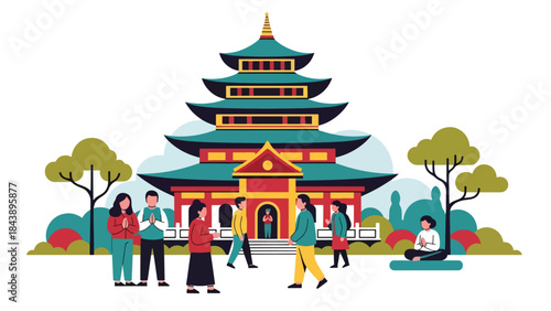 Modern flat vector illustration of people visiting a Buddhist temple, respectful and peaceful atmosphere, ideal for spiritual travel, culture, and religious education