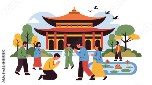 Modern flat vector illustration of people visiting a Buddhist temple, respectful and peaceful atmosphere, ideal for spiritual travel, culture, and religious education