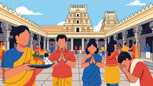 Flat vector illustration of people worshiping at a Hindu temple with offerings and prayer gestures, ideal for religious culture, faith education, and spiritual visuals