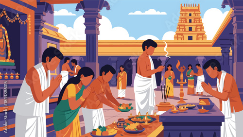 Flat vector illustration of people worshiping at a Hindu temple with offerings and prayer gestures, ideal for religious culture, faith education, and spiritual visuals
