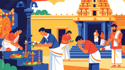 Flat vector illustration of people worshiping at a Hindu temple with offerings and prayer gestures, ideal for religious culture, faith education, and spiritual visuals