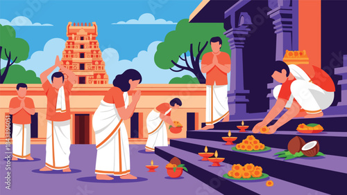 Flat vector illustration of people worshiping at a Hindu temple with offerings and prayer gestures, ideal for religious culture, faith education, and spiritual visuals