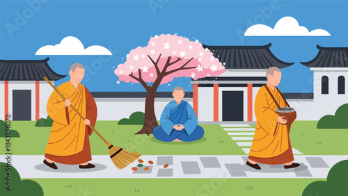 Modern flat vector illustration of Buddhist monks in daily life activities, simplicity and mindfulness theme, ideal for spiritual lifestyle and cultural education