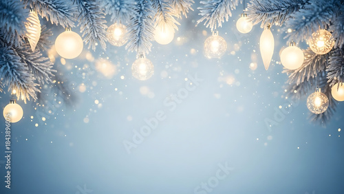 Festive Christmas Lights and Ornaments Hanging on Snowy Pine Branches in Winter Holiday Decoration, Close-Up View, Outdoor Scene