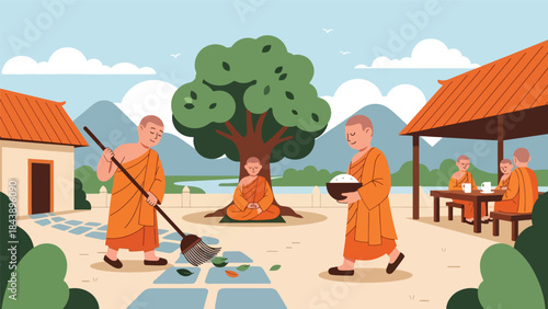 Modern flat vector illustration of Buddhist monks in daily life activities, simplicity and mindfulness theme, ideal for spiritual lifestyle and cultural education